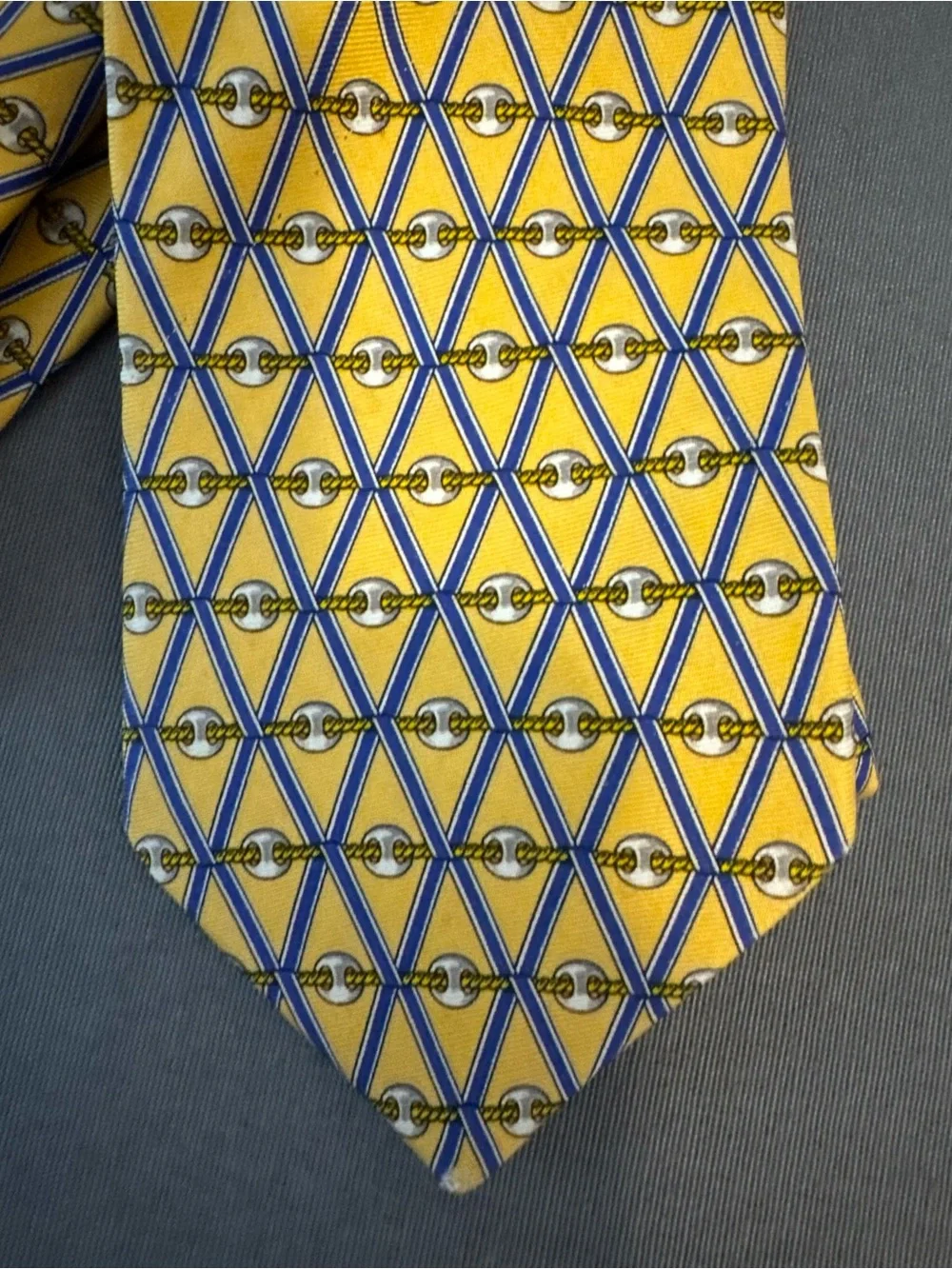 Brooks Brothers Yellow Silk Tie with Blue Lattice and Brown, Gold Accents